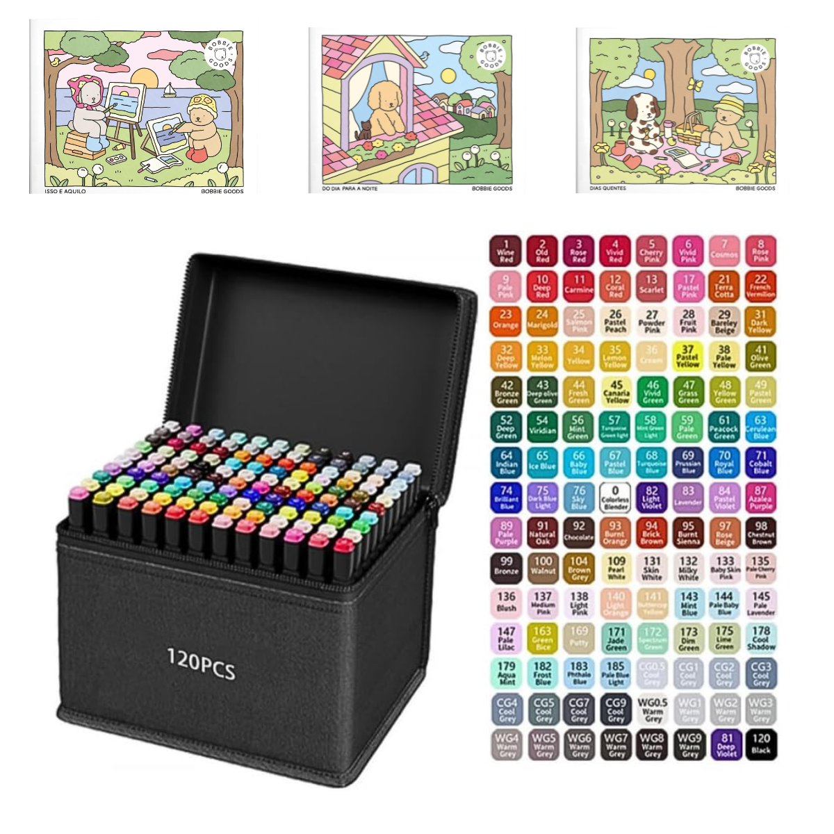Caneta Marcadores com Ponta Dupla Touch 120 Cores + 3 Livro Bobbie Goods