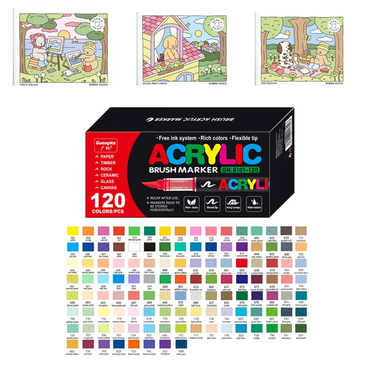 Kit de Canetas Acrylic Premium 120 Cores + 3 Livro Bobbie Goods