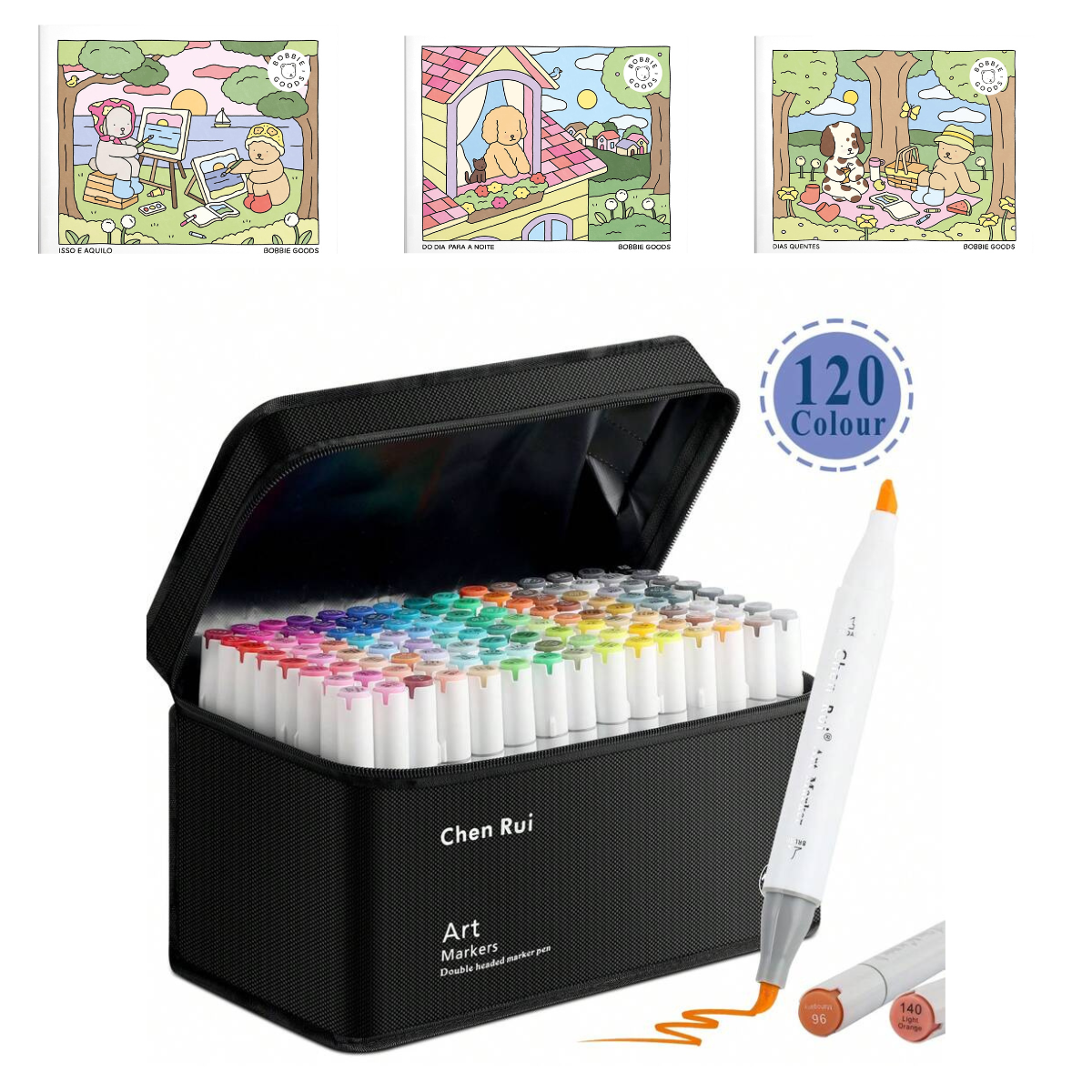 Caneta Marcadores com Ponta Dupla Chen Rui Art Markers 100 Cores + 3 Livro Bobbie Goods