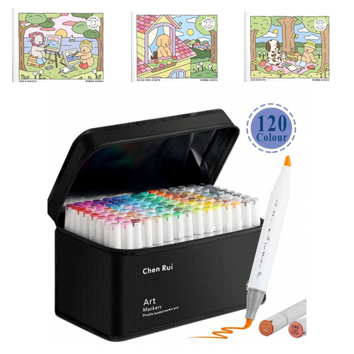 Caneta Marcadores com Ponta Dupla Chen Rui Art Markers 100 Cores + 3 Livro Bobbie Goods
