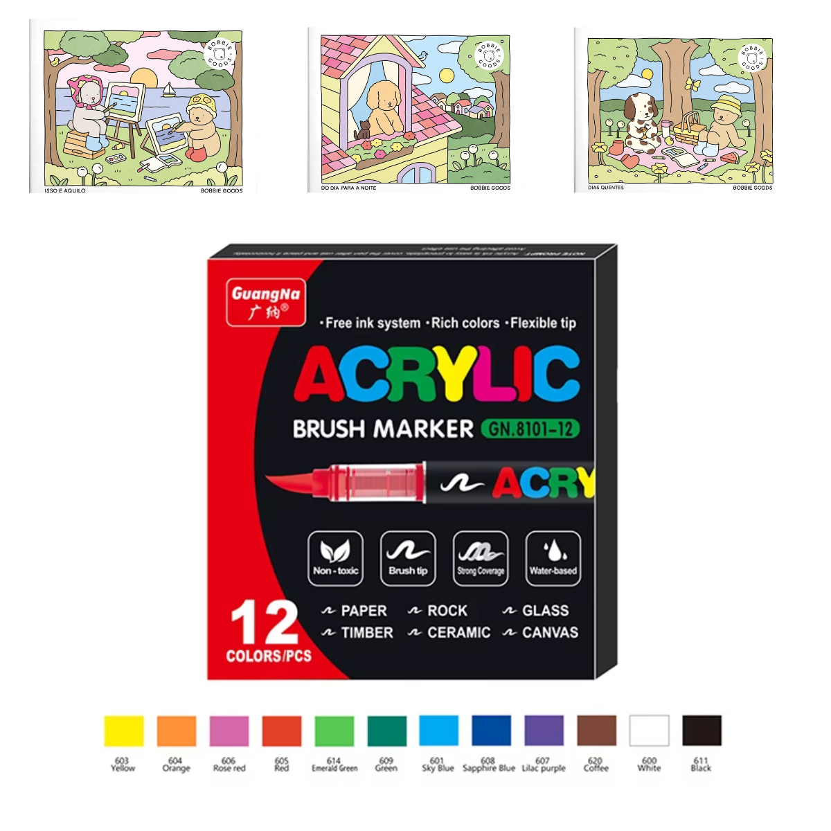 Kit de Canetas Acrylic Premium 12 Cores + 3 Livro Bobbie Goods