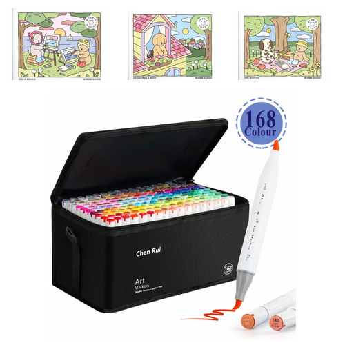 Caneta Marcadores com Ponta Dupla Chen Rui Art Markers 168 Cores + 3 Livro Bobbie Goods