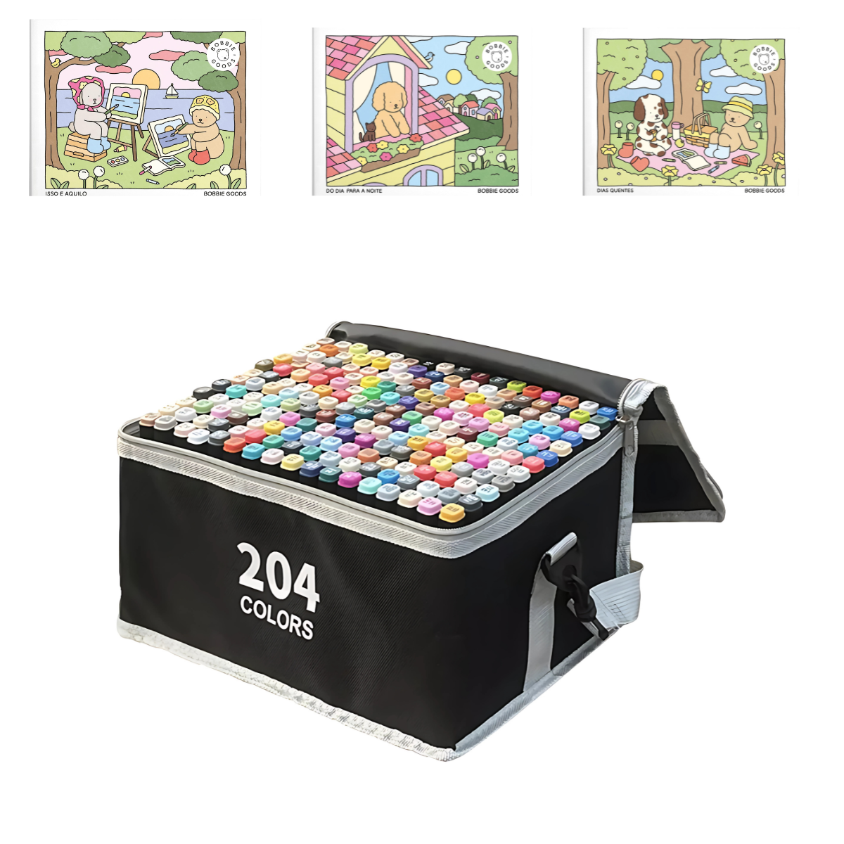 Caneta Marcadores com Ponta Dupla Touch 204 Cores + 3 Livro Bobbie Goods