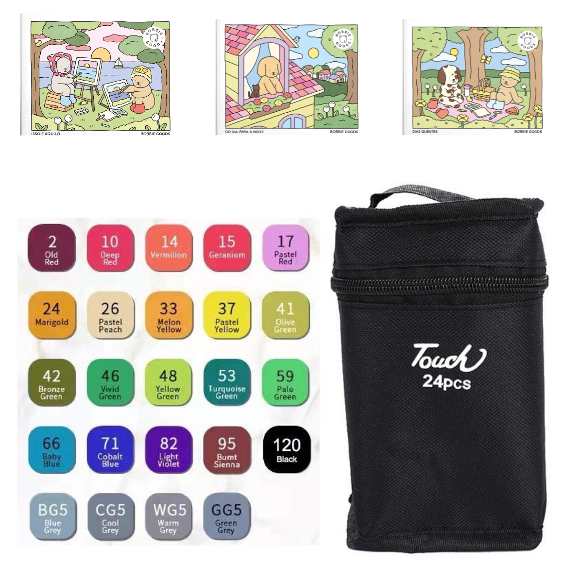 Caneta Marcadores com Ponta Dupla Touch 24 Cores + 3 Livro Bobbie Goods