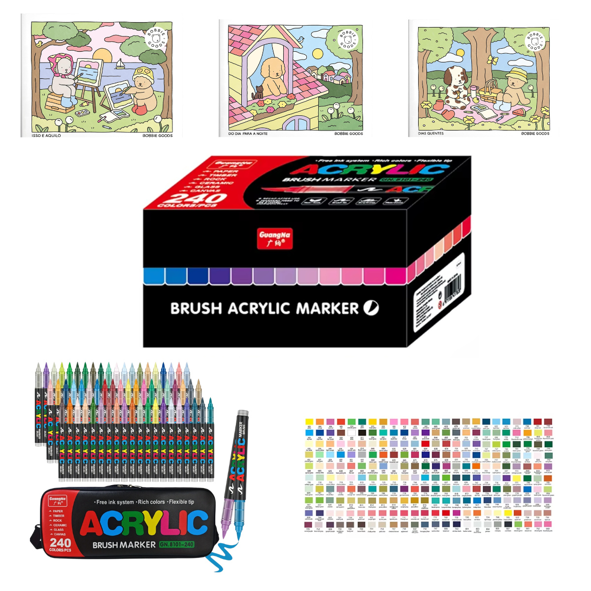 Kit de Canetas Acrylic Premium 240 Cores Bolsa organizadora + 3 Livro Bobbie Goods
