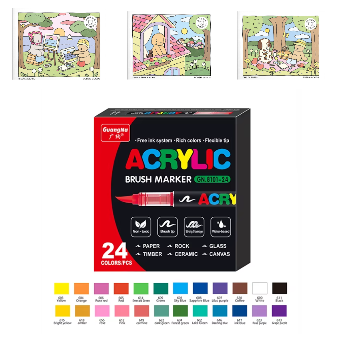 Kit de Canetas Acrylic Premium 24 Cores + 3 Livro Bobbie Goods
