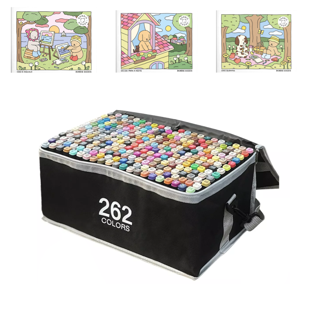 Caneta Marcadores com Ponta Dupla Touch 262 Cores + 3 Livro Bobbie Goods