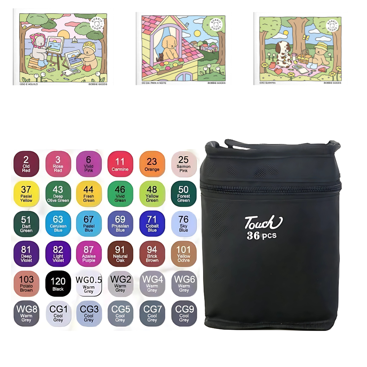 Caneta Marcadores com Ponta Dupla Touch 36 Cores + 3 Livro Bobbie Goods