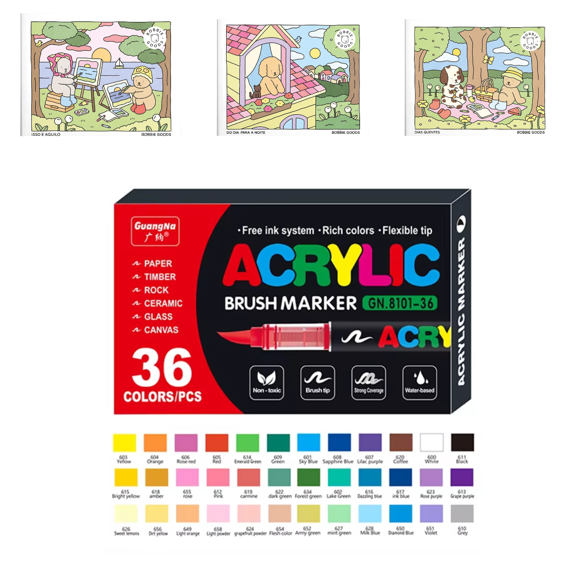Kit de Canetas Acrylic Premium 36 Cores + 3 Livro Bobbie Goods