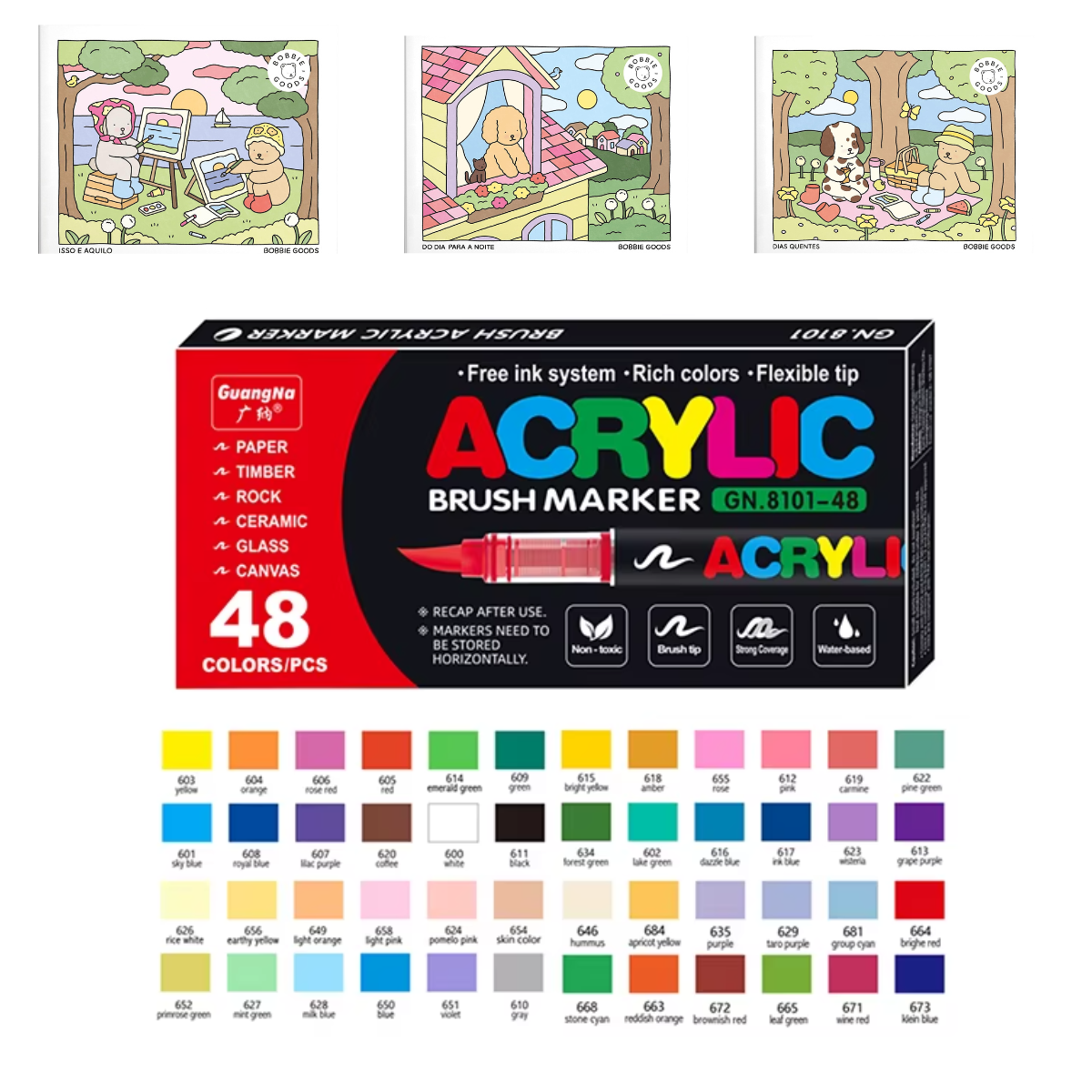 Kit de Canetas Acrylic Premium 48 Cores + 3 Livro Bobbie Goods