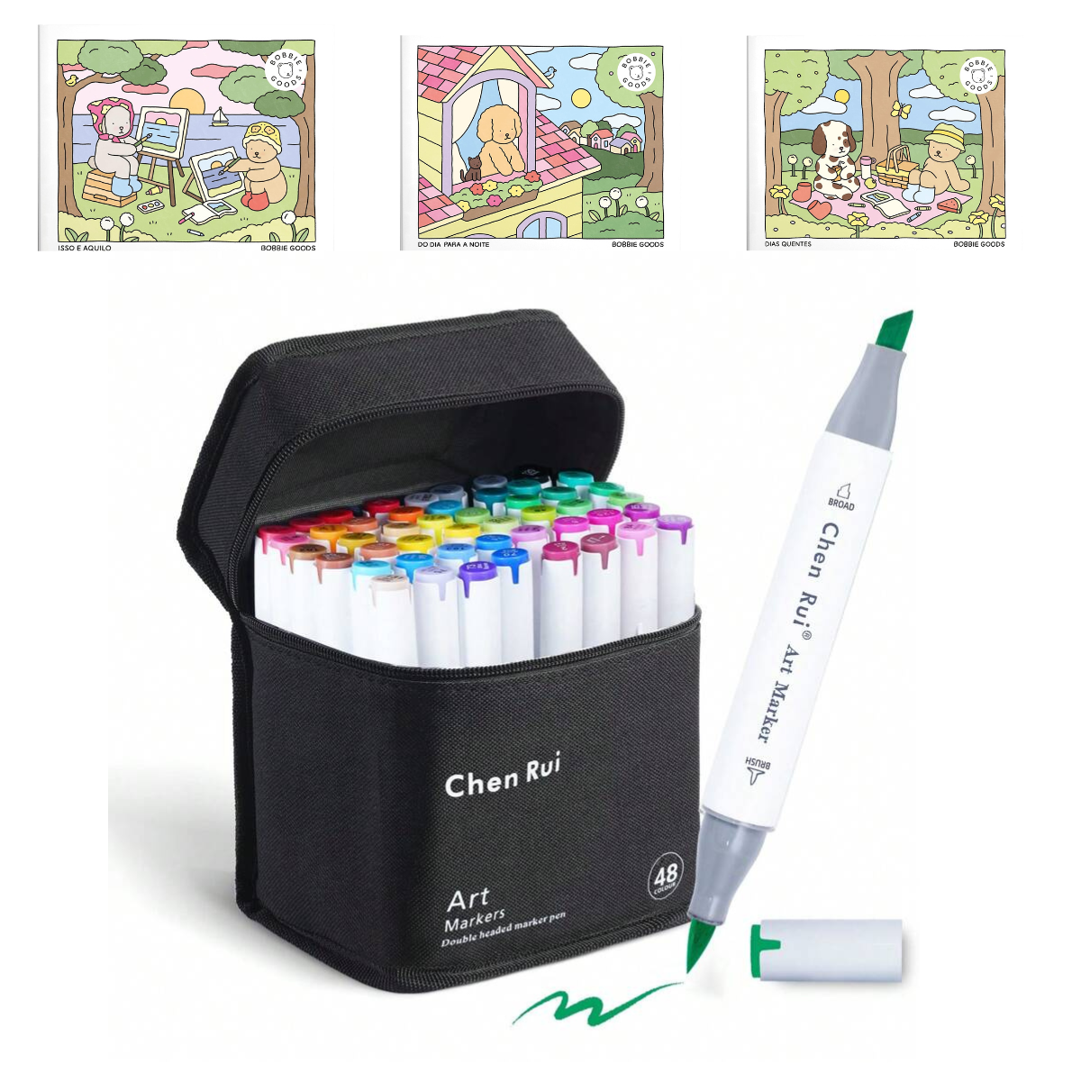 Caneta Marcadores com Ponta Dupla Chen Rui Art Markers 48 Cores + 3 Livro Bobbie Goods