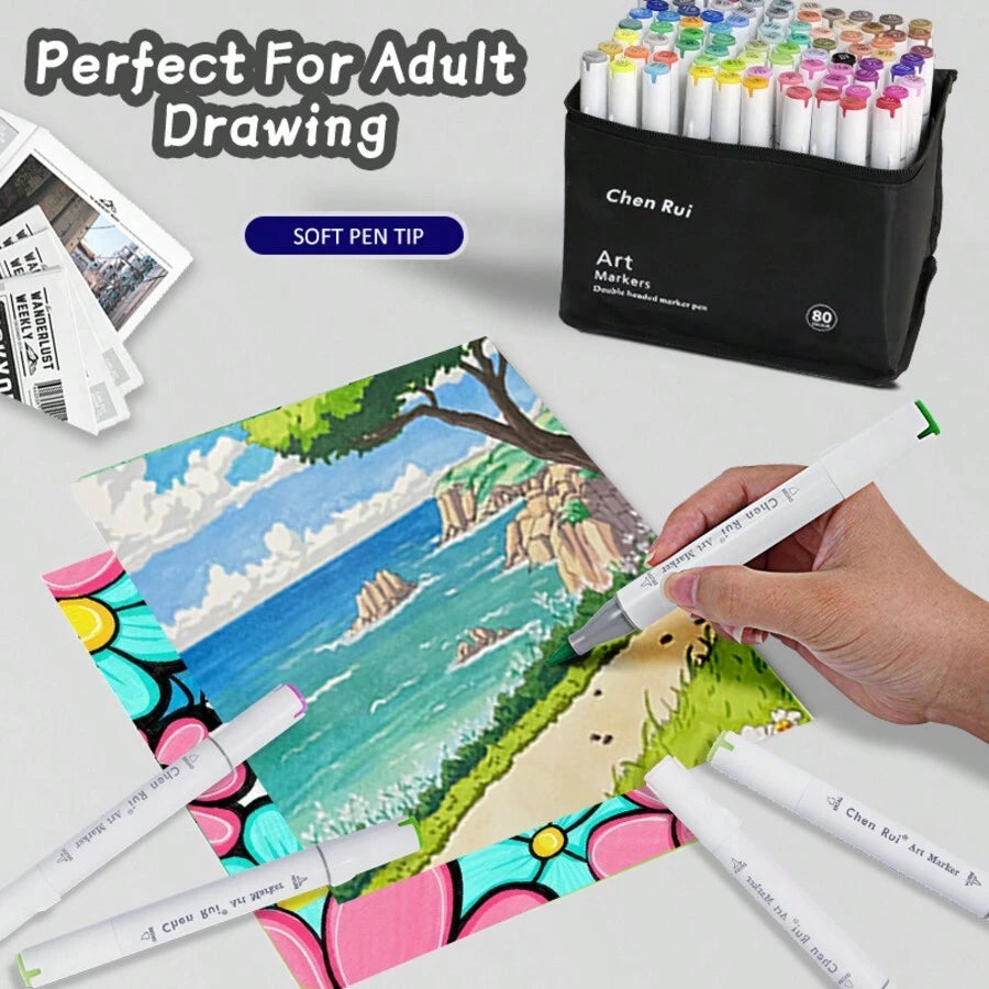 Caneta Marcadores com Ponta Dupla Chen Rui Art Markers 168 Cores + 3 Livro Bobbie Goods
