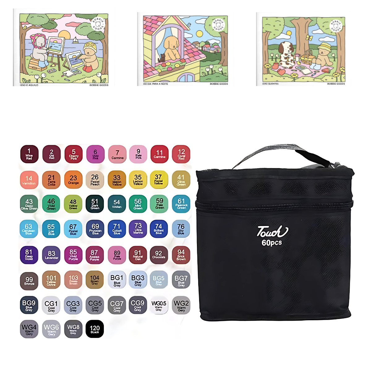 Caneta Marcadores com Ponta Dupla Touch 60 Cores + 3 Livro Bobbie Goods