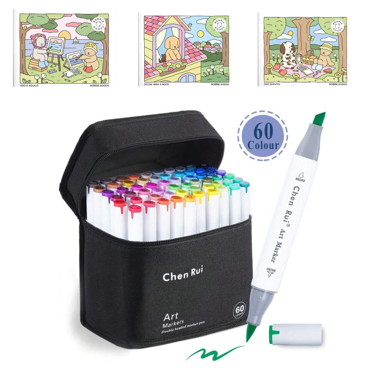 Caneta Marcadores com Ponta Dupla Chen Rui Art Markers 60 Cores + 3 Livro Bobbie Goods