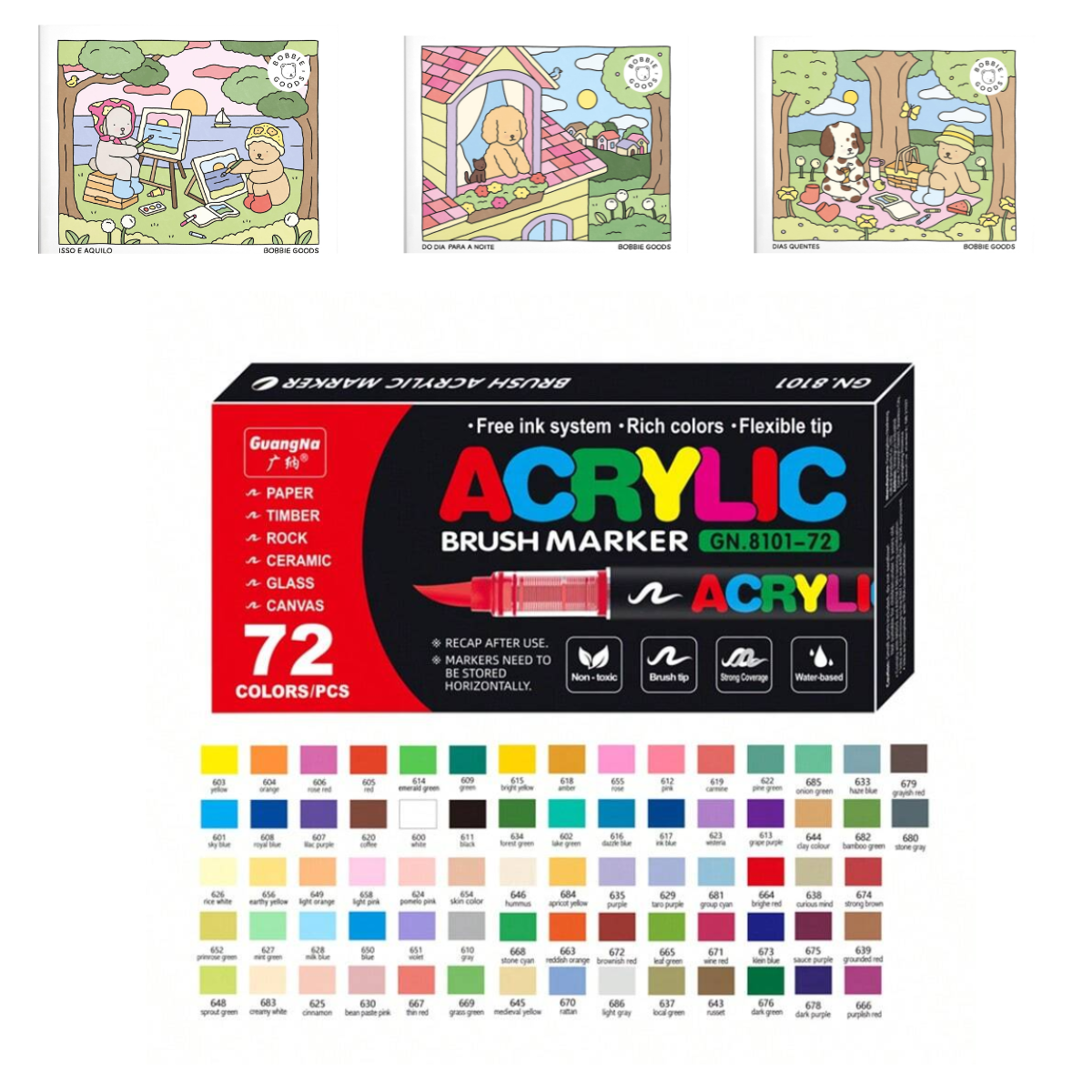 Kit de Canetas Acrylic Premium 72 Cores + 3 Livro Bobbie Goods