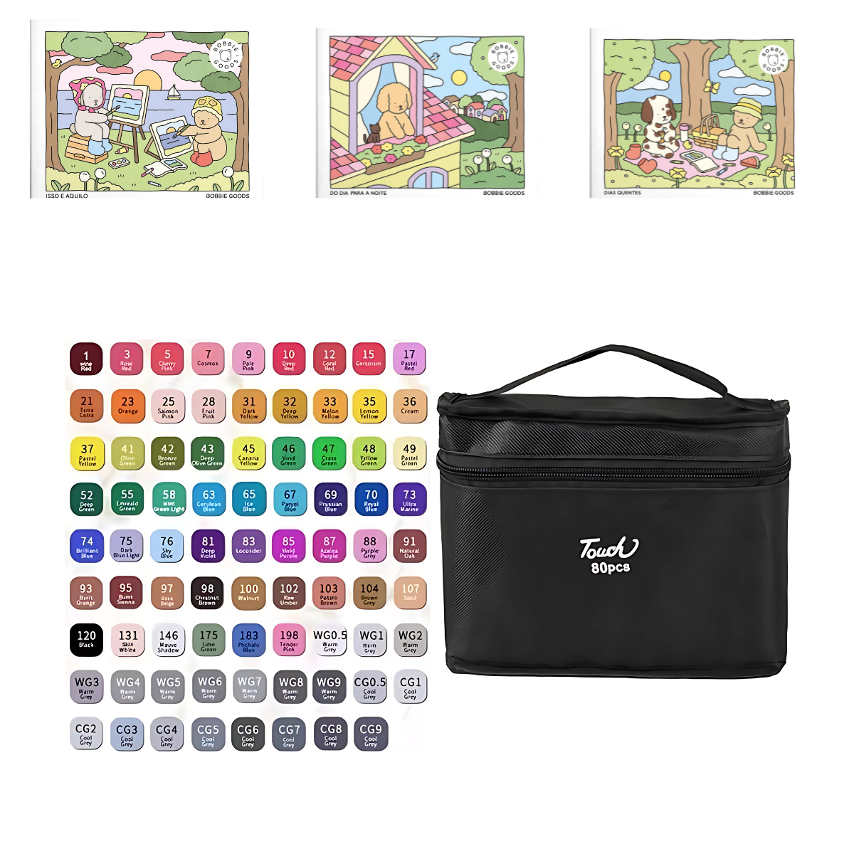 Caneta Marcadores com Ponta Dupla Touch 80 Cores + 3 Livro Bobbie Goods
