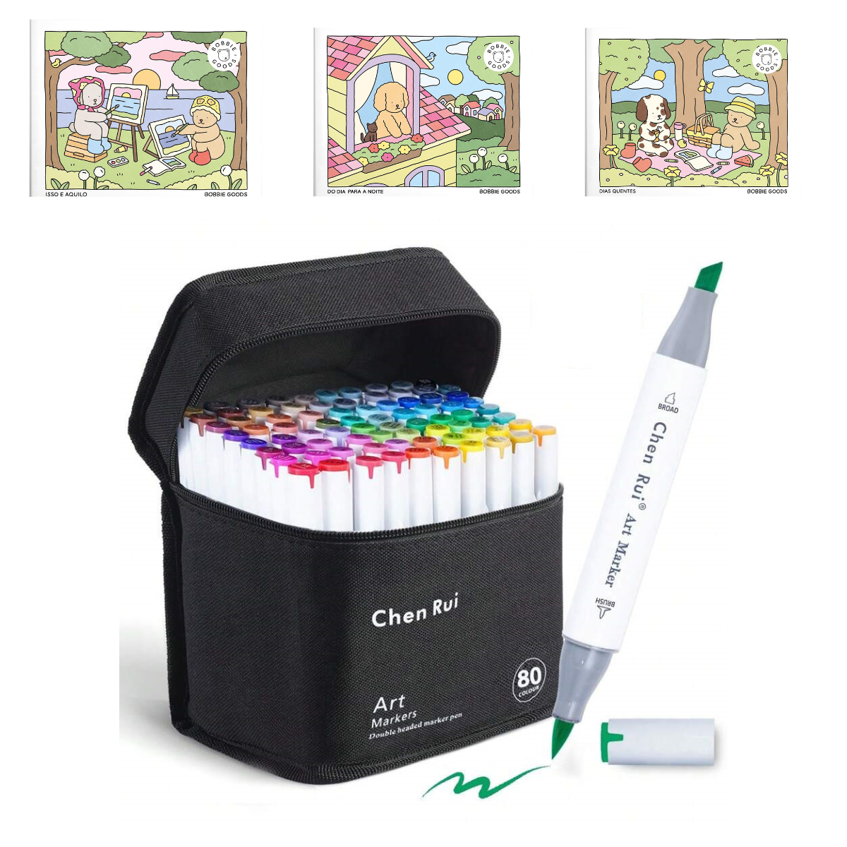 Caneta Marcadores com Ponta Dupla Chen Rui Art Markers 80 Cores + 3 Livro Bobbie Goods